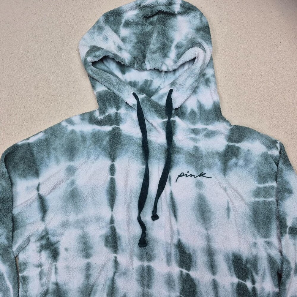 PINK Victoria's Secret Women's Tie Dyed Hoodie Sweater Campus Green/White Sz M - Picture 5 of 6